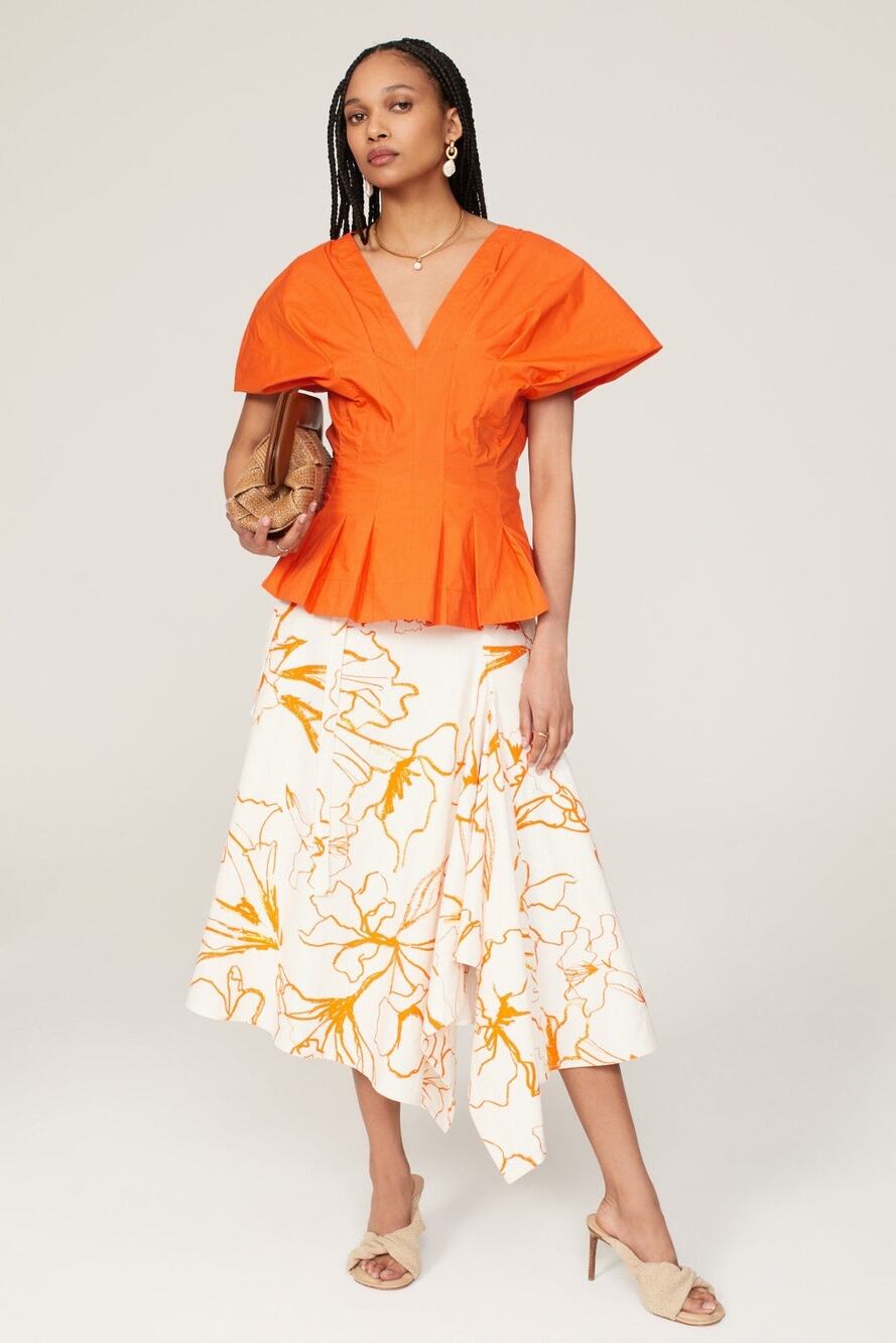 Eudon Choi Orange Poplin Flutter Sleeve V-Neck Pleated Top Size 10